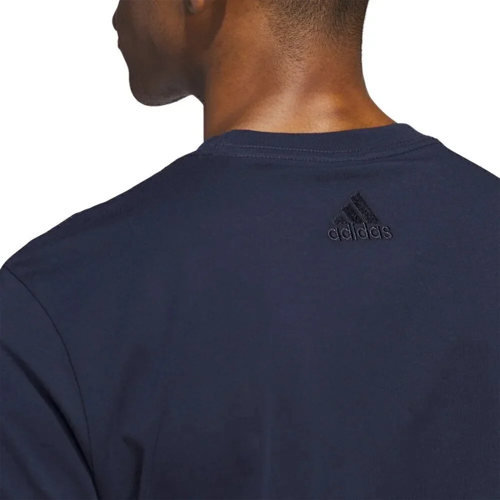 adidas Mens Graphic Tee Navy Blue with Yellow Logo Spellout Stretch 100% Cotton